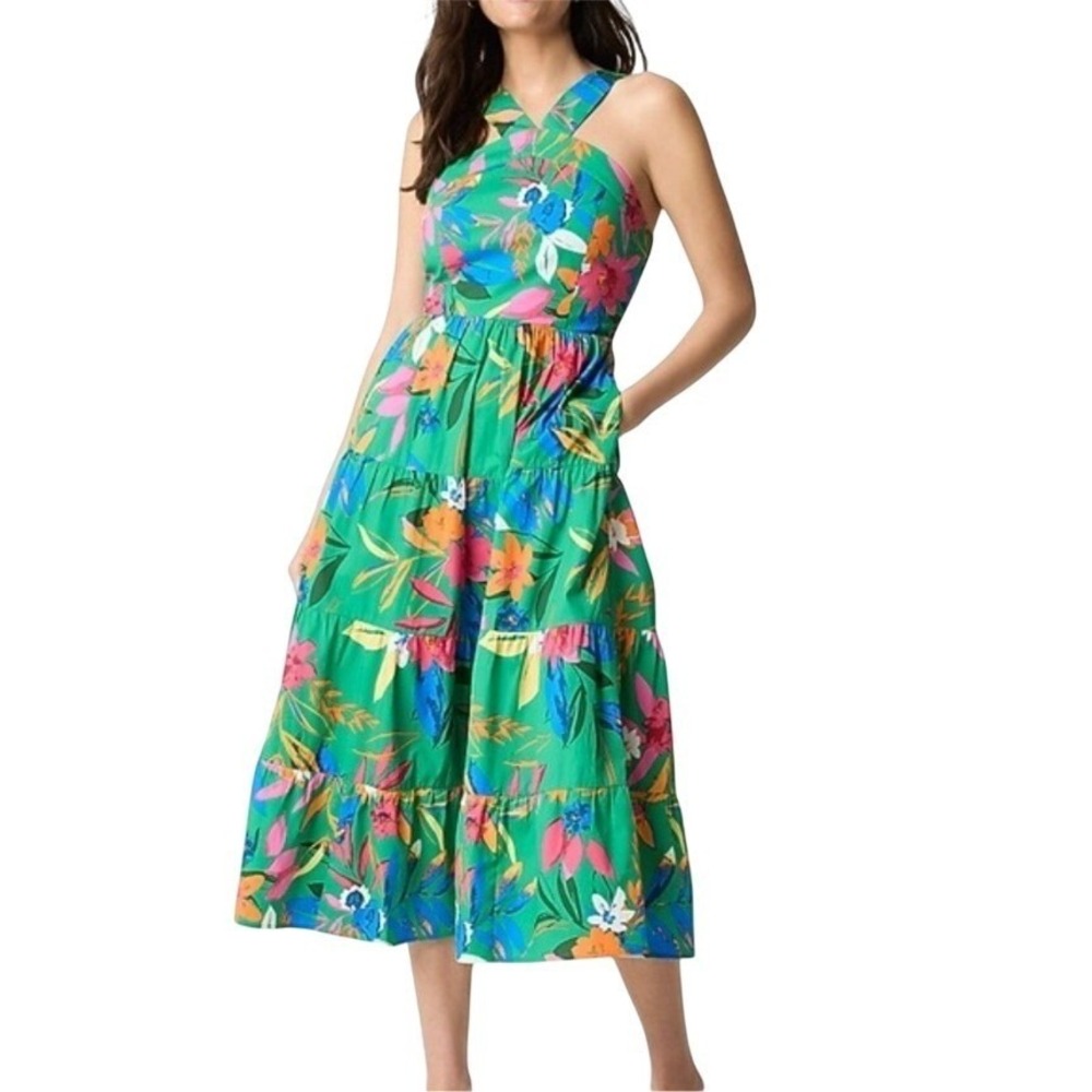 J. Crew Factory Green Floral Halter Midi Dress